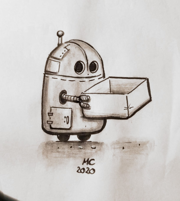 Android-Roboter hält einen Karton