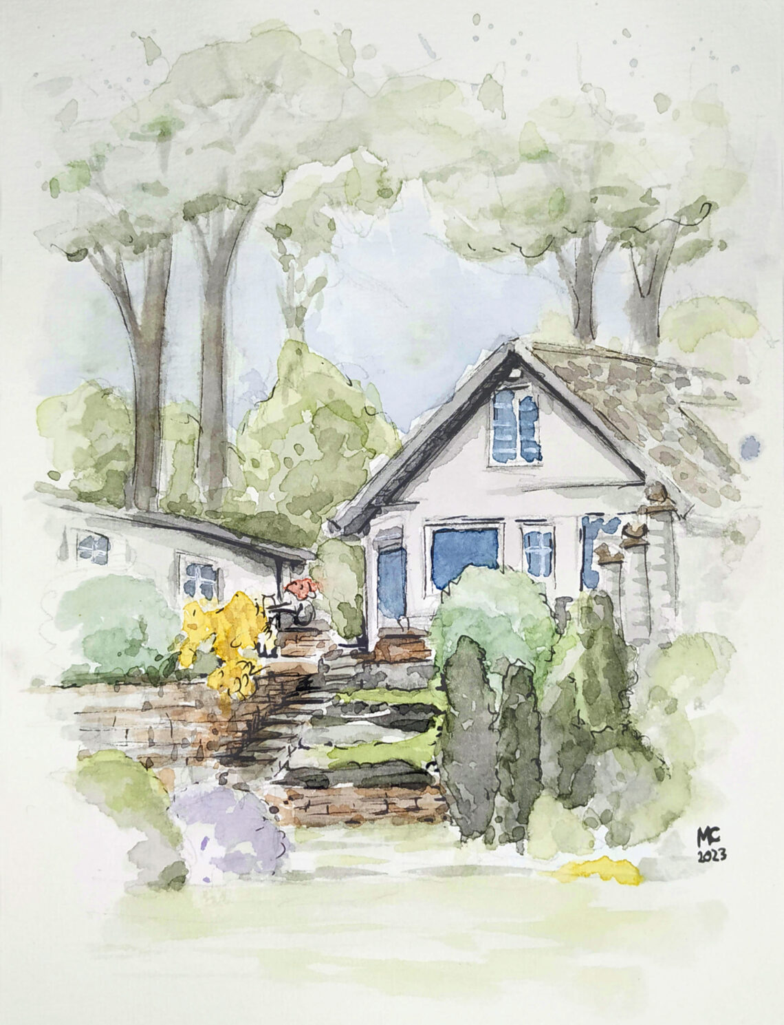 Aquarellskizze: Gebäude an der Haveldüne. Berlin, Gatow