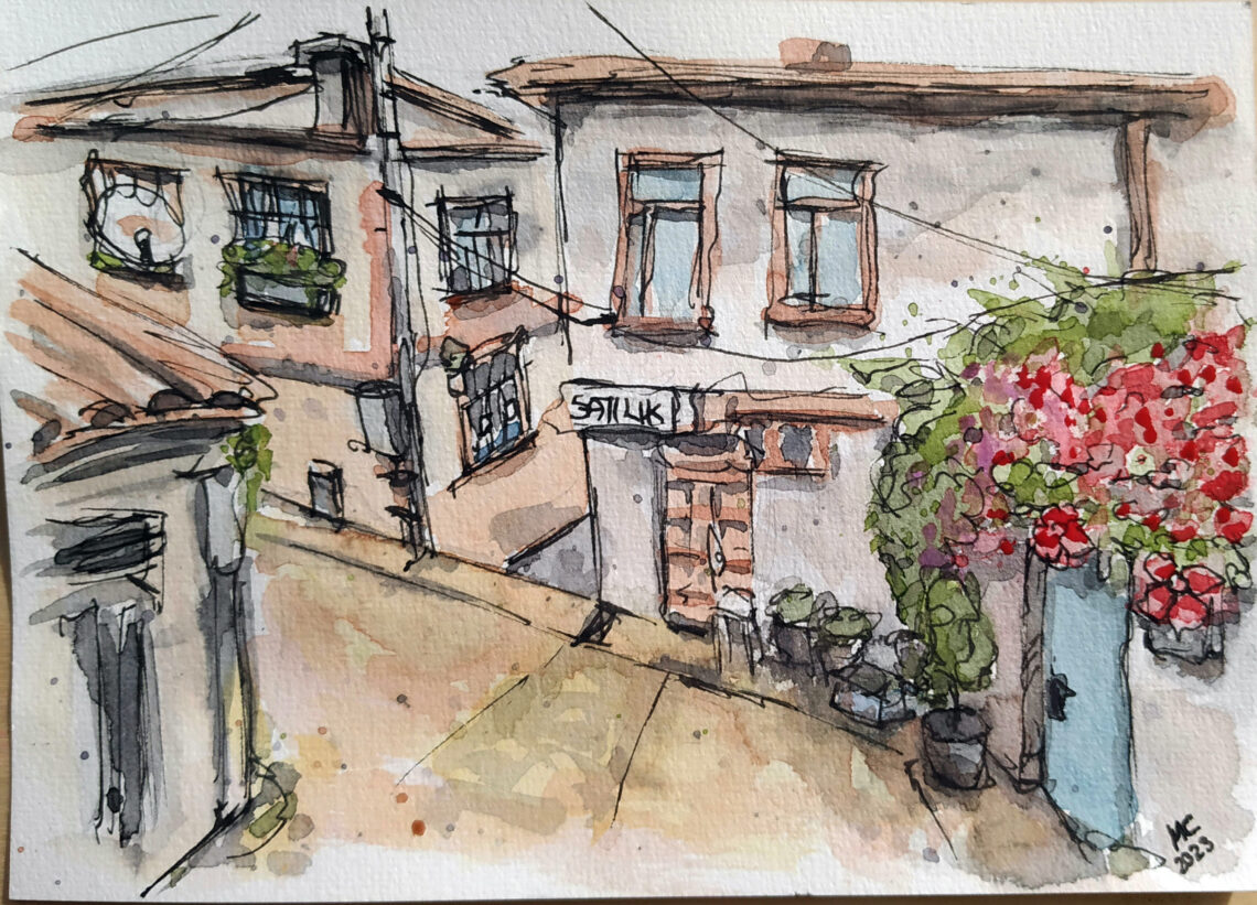 Aquarellzeichnung von einer Straßenecke in Zeytinbagi Bursa (Türkei).