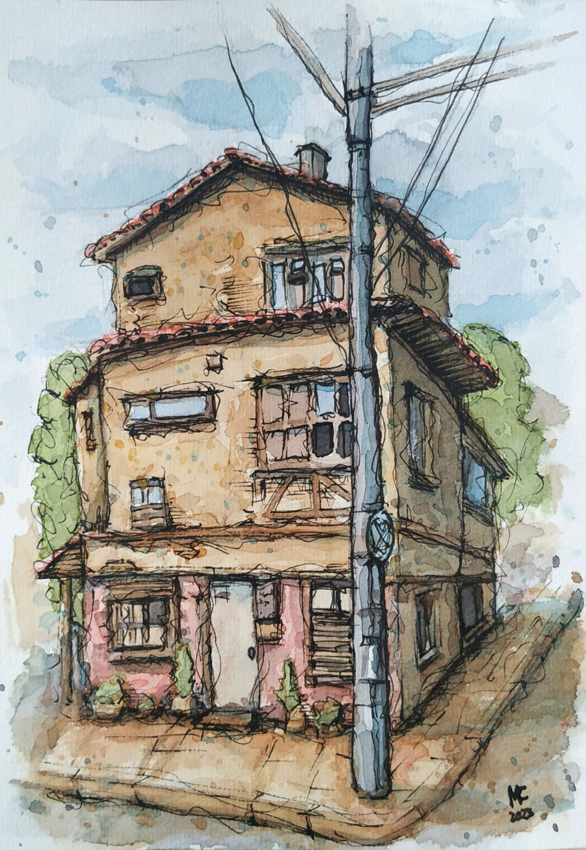 Aquarellzeichnung eines alten türkischen Gebäudes aus Zeytinbagi Bursa.