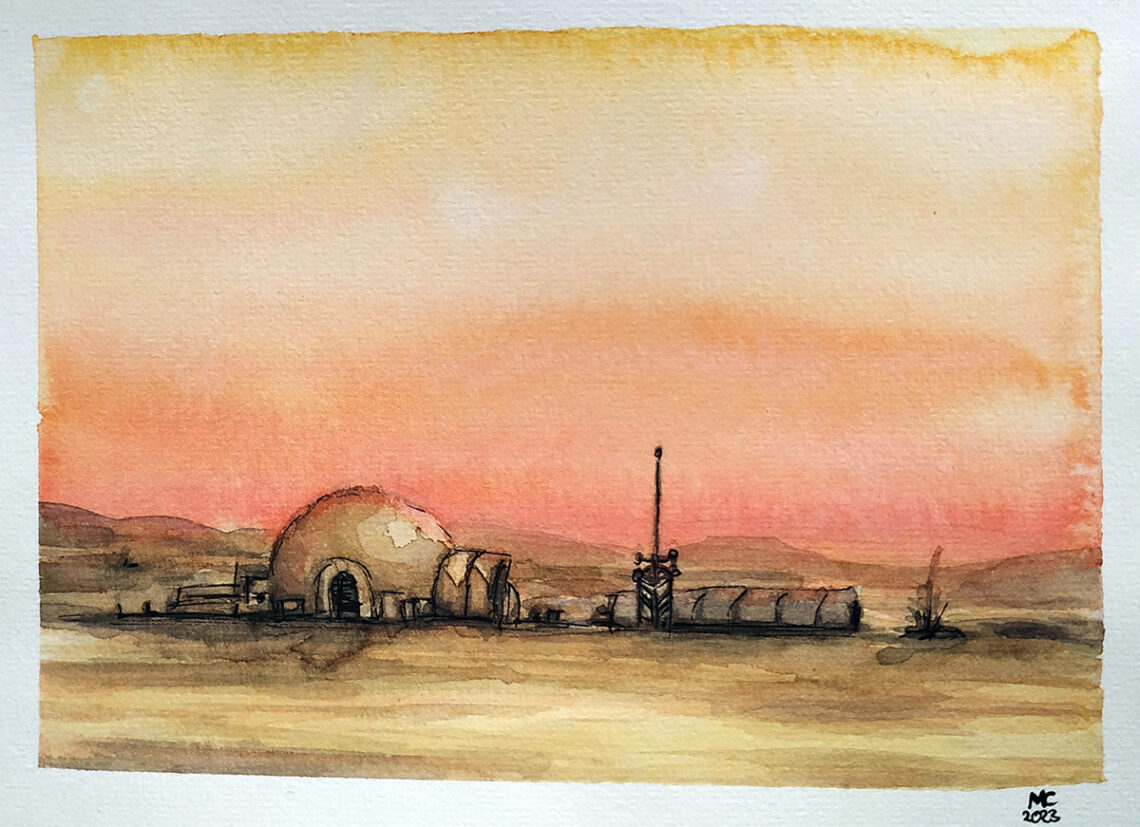 Aquarellzeichnung einer Wüste mit Gebäude aus Tatooine