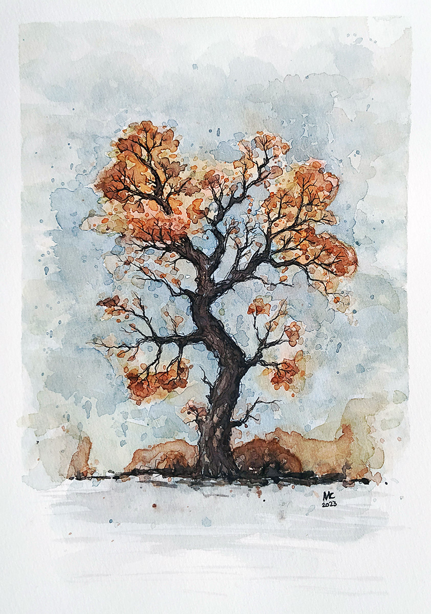 Aquarellzeichnung eines Baums im Herbst, der bereits einige Blätter verloren hat.