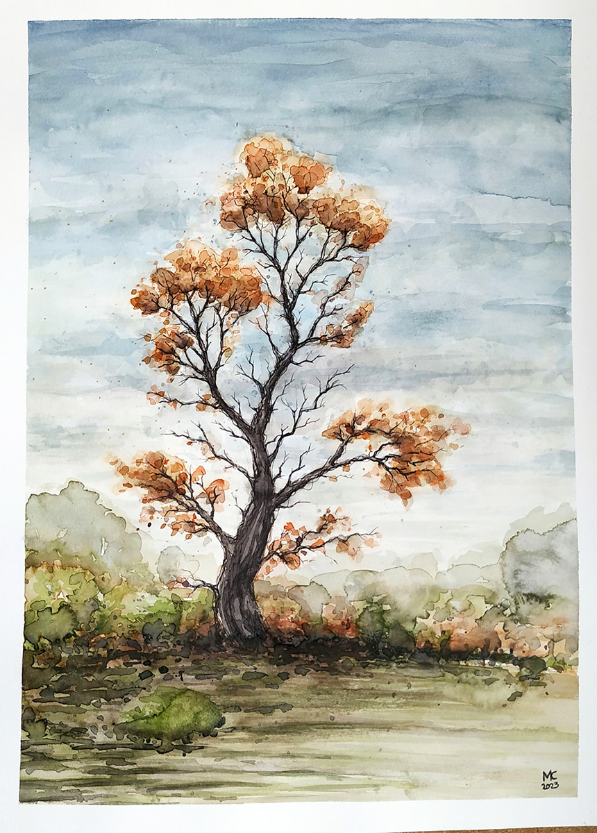 Aquarellzeichnung eines Baumes im Herbst.