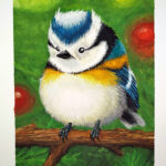 Fantasievogel angelehnt an eine Blaumeise in Gouache.