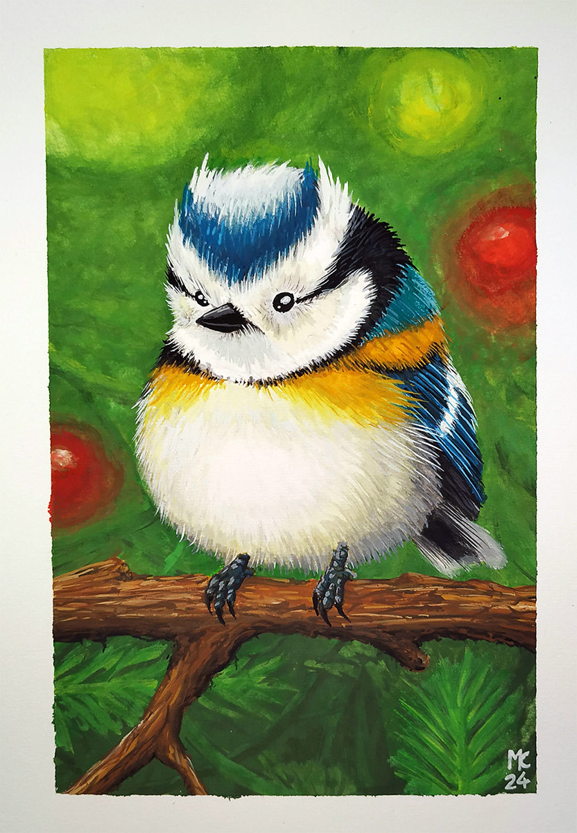 Fantasievogel angelehnt an eine Blaumeise in Gouache.